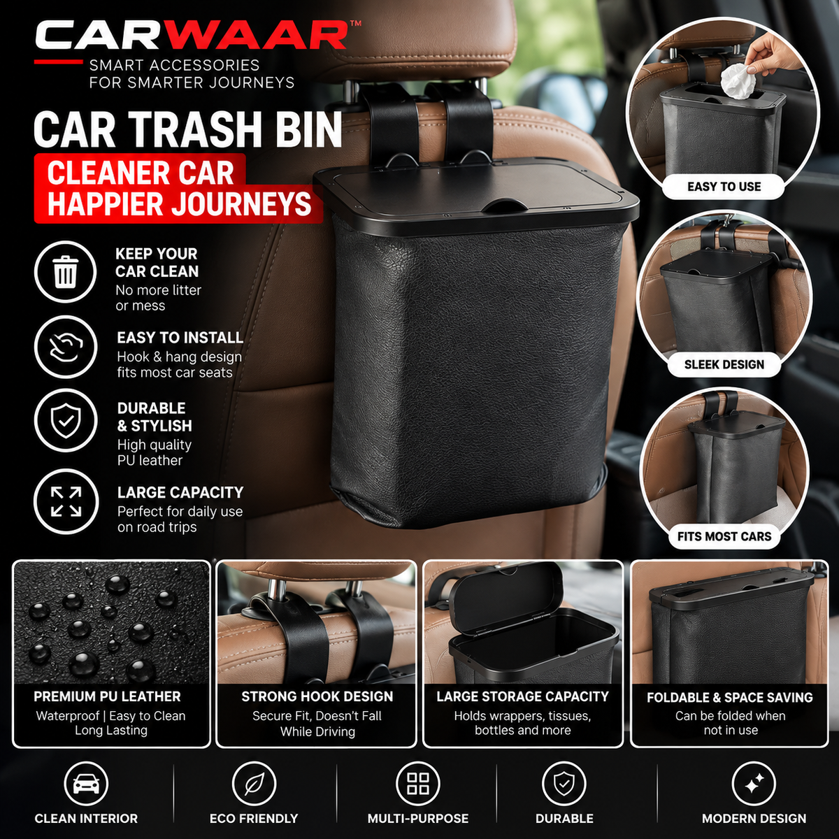 CARWAAR™ Hanging Car Trash Bin – Premium Leak-Resistant Car Garbage Bag with Lid