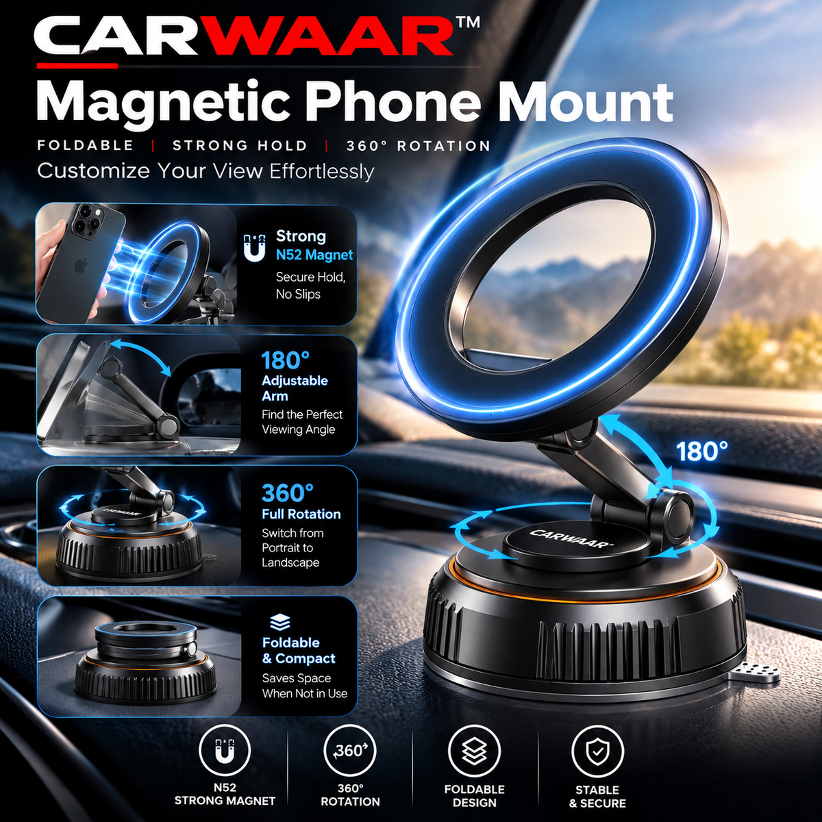 CARWAAR™ Magnetic Phone Mount – N52 Strong Magnetic Hold, 360° Rotation & Foldable Adjustable Design