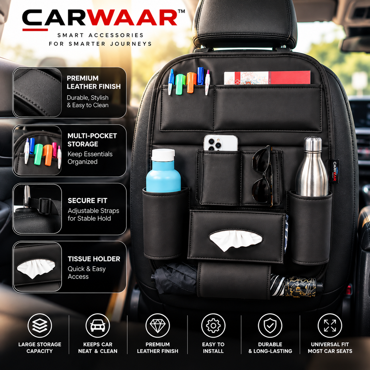 CARWAAR™ Premium Car Seat Back Organizer – Multi-Pocket Storage with Tissue Holder & Bottle Pockets | Beige