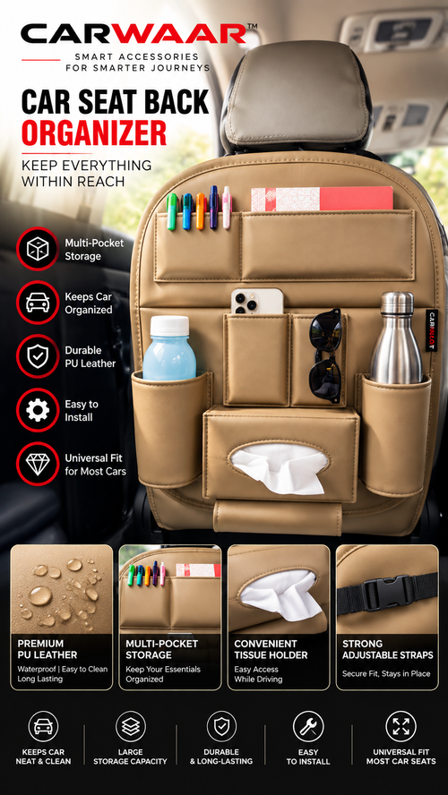 CARWAAR™ Premium Car Seat Back Organizer – Multi-Pocket Storage with Tissue Holder & Bottle Pockets | Beige