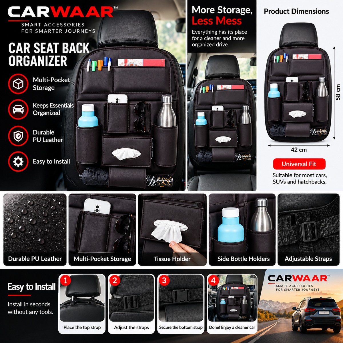 CARWAAR™ Premium Car Seat Back Organizer – Multi-Pocket Storage with Tissue Holder & Bottle Pockets | Beige